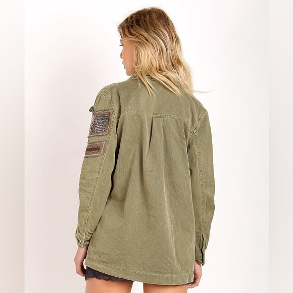 Free People Embellished Military Utlilty Style Shirt Jacket Olive Green Cotton - Picture 4 of 9